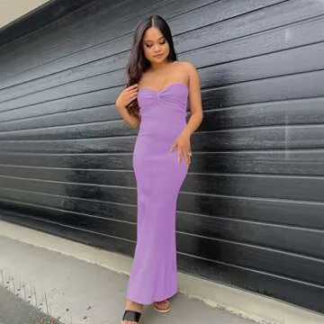 Sdencin Women Sexy Twist Knot Front Ribbed Knit Bodycon Bandeau Tube Dress Casual Solid Strapless Maxi Long Dress(S US Women,Purple)