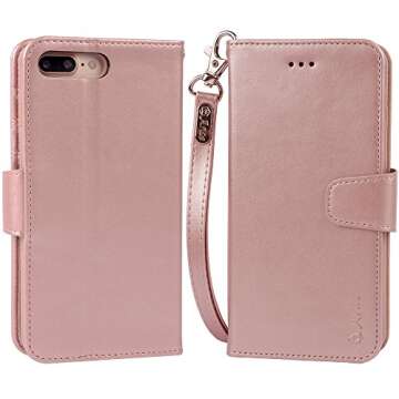 Arae Case for iPhone 7 Plus/iPhone 8 Plus, Premium PU Leather Wallet Case with Kickstand and Flip Cover for iPhone 7 Plus (2016) / iPhone 8 Plus (2017) 5.5 inch, Rose Gold