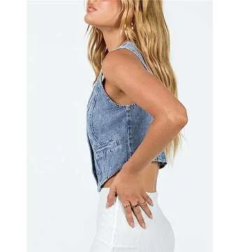 HOXIJIA Women Vintage Y2K Denim Vest Sleeveless V Neck Button Crop Jean Waistcoat Vest Retro Streetwear Going Out Tank Top(Blue, S)