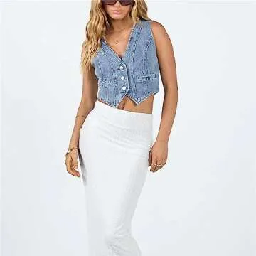 HOXIJIA Women Vintage Y2K Denim Vest Sleeveless V Neck Button Crop Jean Waistcoat Vest Retro Streetwear Going Out Tank Top(Blue, S)