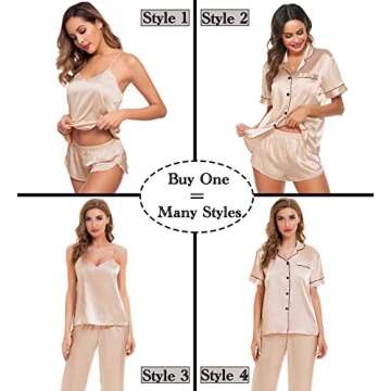 SWOMOG Womens Silk Satin Pajamas Sets 4pcs Sleepwear Sexy Cami Shorts Set and Button Down Short Slee...