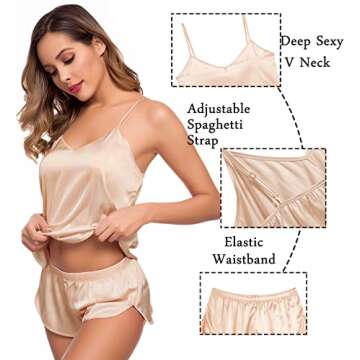 SWOMOG Womens Silk Satin Pajamas Sets 4pcs Sleepwear Sexy Cami Shorts Set and Button Down Short Sleeve Pjs Loungewear Champagne Small