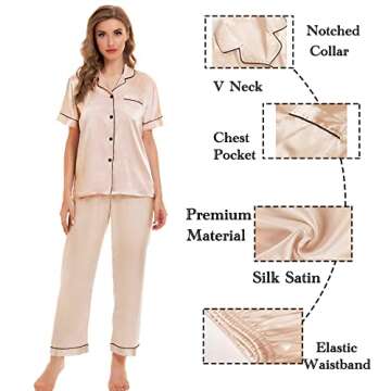 SWOMOG Womens Silk Satin Pajamas Sets 4pcs Sleepwear Sexy Cami Shorts Set and Button Down Short Sleeve Pjs Loungewear Champagne Small
