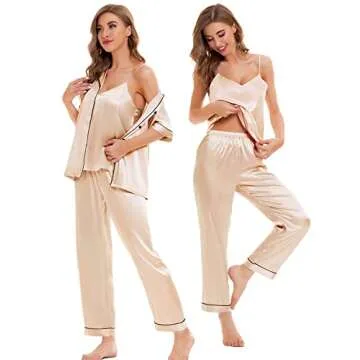 SWOMOG Womens Silk Satin Pajamas Sets 4pcs Sleepwear Sexy Cami Shorts Set and Button Down Short Sleeve Pjs Loungewear Champagne Small