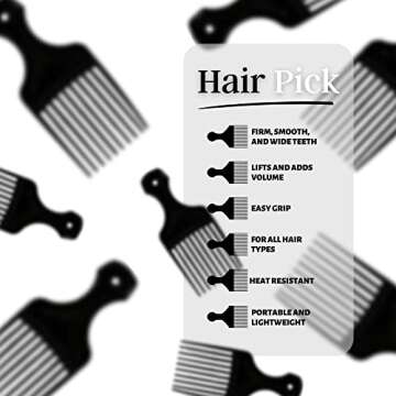 Vakly Plastic Hair Pick Comb - Wide Tooth Afro Lifts, Pack of 10 Combs - 5.25 Inch - for Hair Styling, Lifting, Detangling, Adding Volume for Long Curly and Thick Hair, Wigs and Beards for Men & Women