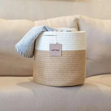 voten Storage Cubes Baskets Bins Organizer 11x11x11'' Fit 12x12''Cube Bookcases Shelves,Durable Woven Cotton Storage Basket for Organizing,Round 3Pack Off White/Camel