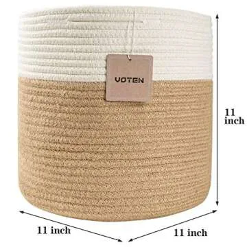 voten Storage Cubes Baskets Bins Organizer 11x11x11'' Fit 12x12''Cube Bookcases Shelves,Durable Woven Cotton Storage Basket for Organizing,Round 3Pack Off White/Camel