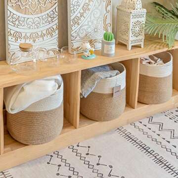 voten Storage Cubes Baskets Bins Organizer 11x11x11'' Fit 12x12''Cube Bookcases Shelves,Durable Woven Cotton Storage Basket for Organizing,Round 3Pack Off White/Camel