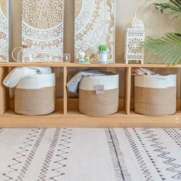 voten Storage Cubes Baskets Bins Organizer 11x11x11'' Fit 12x12''Cube Bookcases Shelves,Durable Woven Cotton Storage Basket for Organizing,Round 3Pack Off White/Camel