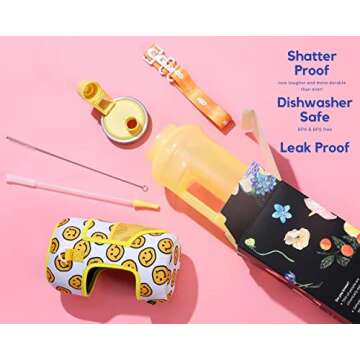 H2O Capsule 2.2L Half Gallon Wide Mouth Water Bottle with Storage Sleeve and Removable Straw - Hydration Tracker Jug with Measurements Marked – Shatterproof BPA-Free, (Happy Day)