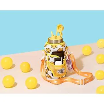 H2O Capsule 2.2L Half Gallon Wide Mouth Water Bottle with Storage Sleeve and Removable Straw - Hydration Tracker Jug with Measurements Marked – Shatterproof BPA-Free, (Happy Day)