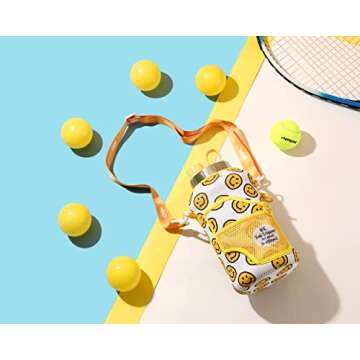 H2O Capsule 2.2L Half Gallon Wide Mouth Water Bottle with Storage Sleeve and Removable Straw - Hydration Tracker Jug with Measurements Marked – Shatterproof BPA-Free, (Happy Day)