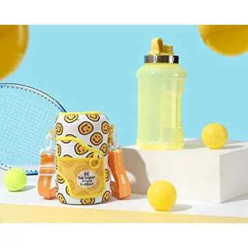 H2O Capsule 2.2L Half Gallon Wide Mouth Water Bottle with Storage Sleeve and Removable Straw - Hydration Tracker Jug with Measurements Marked – Shatterproof BPA-Free, (Happy Day)