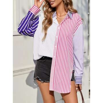 Cicy Bell Womens Color Block Striped Button Down Shirts Oversized Trendy Casual Blouses Long Sleeve ...