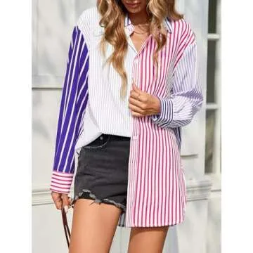 Cicy Bell Womens Color Block Striped Button Down Shirts Oversized Trendy Casual Blouses Long Sleeve Tops Purple