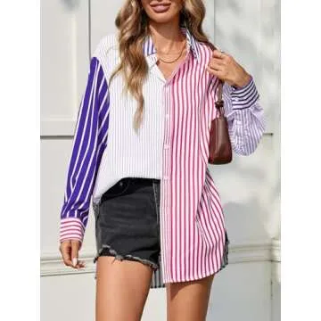 Cicy Bell Womens Color Block Striped Button Down Shirts Oversized Trendy Casual Blouses Long Sleeve Tops Purple