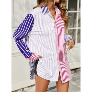 Cicy Bell Womens Color Block Striped Button Down Shirts Oversized Trendy Casual Blouses Long Sleeve Tops Purple