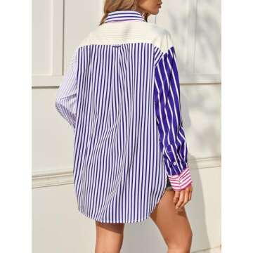 Cicy Bell Womens Color Block Striped Button Down Shirts Oversized Trendy Casual Blouses Long Sleeve Tops Purple