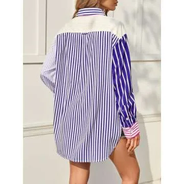 Cicy Bell Womens Color Block Striped Button Down Shirts Oversized Trendy Casual Blouses Long Sleeve Tops Purple