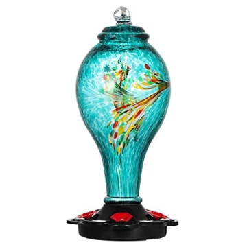 LUJII Hummingbird Feeder - Hand Blown Glass, 5 Feeding Stations