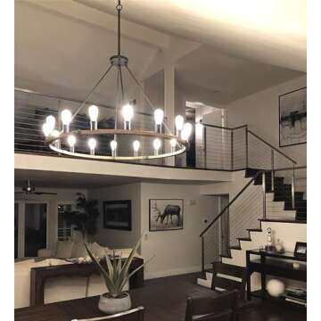 Kira Home Jericho 48" Large Farmhouse Wagon Wheel Chandelier, Large Foyer Chandelier w/Textured Black + Warm Oak Wood Finish