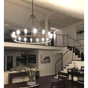 Kira Home Jericho 48" Large Farmhouse Wagon Wheel Chandelier, Large Foyer Chandelier w/Textured Black + Warm Oak Wood Finish