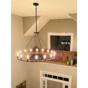 Kira Home Jericho 48" Large Farmhouse Wagon Wheel Chandelier, Large Foyer Chandelier w/Textured Black + Warm Oak Wood Finish