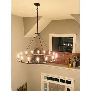 Kira Home Jericho 48" Large Farmhouse Wagon Wheel Chandelier, Large Foyer Chandelier w/Textured Black + Warm Oak Wood Finish