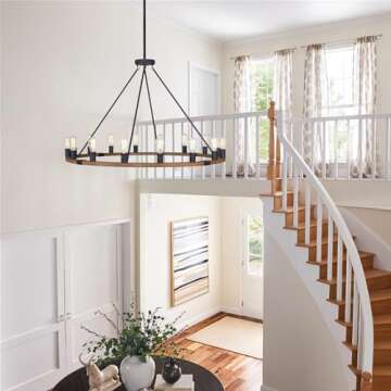 Kira Home Jericho 48" Large Farmhouse Wagon Wheel Chandelier, Large Foyer Chandelier w/Textured Black + Warm Oak Wood Finish