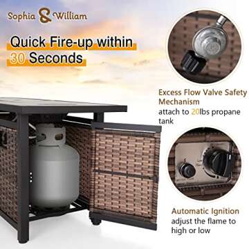 Sophia & William 56 Inch Gas Fire Pit Table - Stylish Outdoor Rattan Propane Fireplace