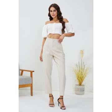 JEAAMKSSER Women's High Waisted Business Trousers Straight Leg Pleated Office Slacks Pants Beige M