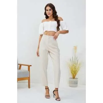 JEAAMKSSER Women's High Waisted Business Trousers Straight Leg Pleated Office Slacks Pants Beige M