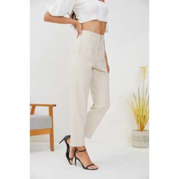 JEAAMKSSER Women's High Waisted Business Trousers Straight Leg Pleated Office Slacks Pants Beige M