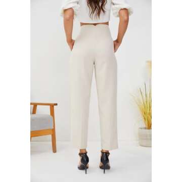 JEAAMKSSER Women's High Waisted Business Trousers Straight Leg Pleated Office Slacks Pants Beige M