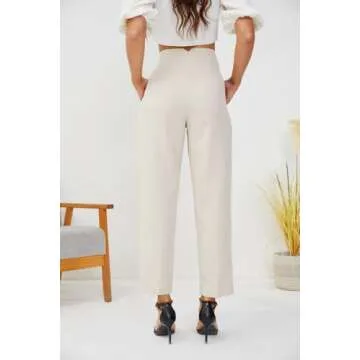 JEAAMKSSER Women's High Waisted Business Trousers Straight Leg Pleated Office Slacks Pants Beige M