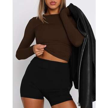 AKEWEI 2 Pack Tight Long Sleeve Shirts for Women Trendy Going Out Cropped Tops College Cotton Thermal Basic Y2k Tee Shirt (Black&Dark Brown, S)