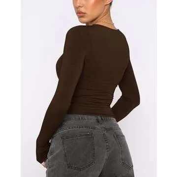 AKEWEI 2 Pack Tight Long Sleeve Shirts for Women Trendy Going Out Cropped Tops College Cotton Thermal Basic Y2k Tee Shirt (Black&Dark Brown, S)