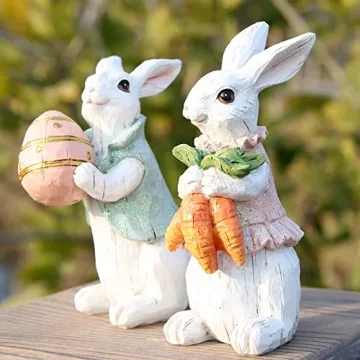 Hodao Easter Bunny Decorations Spring Home Decor Bunny Figurines(Easter White Rabbit 2pcs)