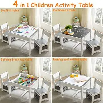 GTOLV Kids Table and Chair Set, 3 in 1 Wooden Activity Table with Storage Drawer for Toddlers Drawing, Reading, Crafts, 2 in 1 Detachable Tabletop Table Set for Nursery, Playroom