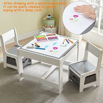 GTOLV Kids Table and Chair Set, 3 in 1 Wooden Activity Table with Storage Drawer for Toddlers Drawing, Reading, Crafts, 2 in 1 Detachable Tabletop Table Set for Nursery, Playroom