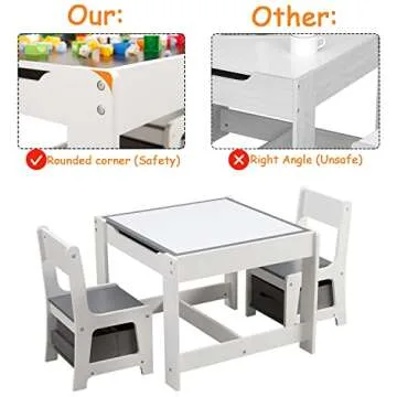 GTOLV Kids Table and Chair Set, 3 in 1 Wooden Activity Table with Storage Drawer for Toddlers Drawing, Reading, Crafts, 2 in 1 Detachable Tabletop Table Set for Nursery, Playroom