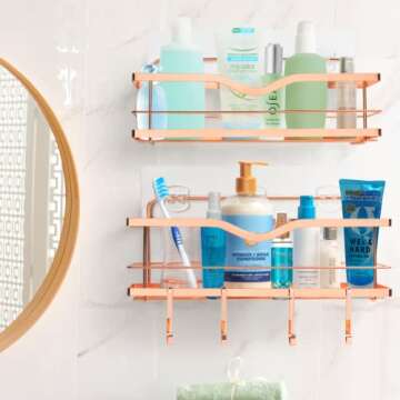 BABYLION1 Rose Gold Shower Caddy Baskets – 2 Pack Bathroom Organizer Shelf with 4 Movable Hooks ?...