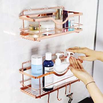 BABYLION1 Rose Gold Shower Caddy Baskets – 2 Pack Bathroom Organizer Shelf with 4 Movable Hooks – Rustproof 304 Stainless Steel, Wall Mounted Adhesive Cute Storage Decor Rack for Inside Shower