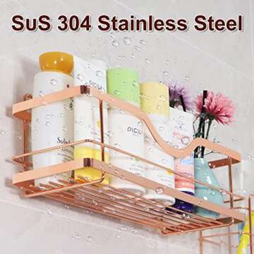 BABYLION1 Rose Gold Shower Caddy Baskets – 2 Pack Bathroom Organizer Shelf with 4 Movable Hooks – Rustproof 304 Stainless Steel, Wall Mounted Adhesive Cute Storage Decor Rack for Inside Shower