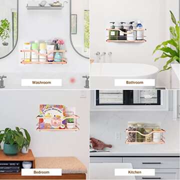 BABYLION1 Rose Gold Shower Caddy Baskets – 2 Pack Bathroom Organizer Shelf with 4 Movable Hooks – Rustproof 304 Stainless Steel, Wall Mounted Adhesive Cute Storage Decor Rack for Inside Shower