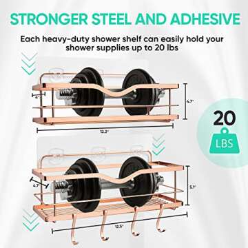 BABYLION1 Rose Gold Shower Caddy Baskets – 2 Pack Bathroom Organizer Shelf with 4 Movable Hooks – Rustproof 304 Stainless Steel, Wall Mounted Adhesive Cute Storage Decor Rack for Inside Shower