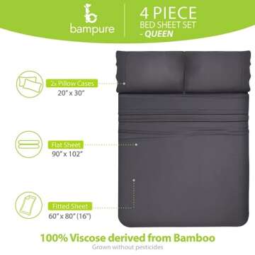 BAMPURE Luxury Series Queen Sheet Set - 100% Pure Viscose derived from Bamboo Sheets Queen Size - Super Soft Queen Cooling Sheets for Hot Sleepers - Up to 16’’ Deep Pocket Queen Sheets (C Gray)