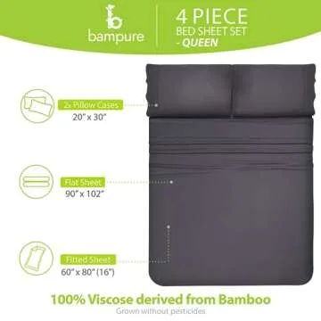 BAMPURE Luxury Series Queen Sheet Set - 100% Pure Viscose derived from Bamboo Sheets Queen Size - Super Soft Queen Cooling Sheets for Hot Sleepers - Up to 16’’ Deep Pocket Queen Sheets (C Gray)