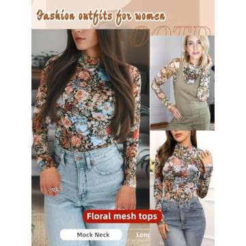 BemorRun Floral Mesh Long Sleeve Tops for Women Mock Neck See Through Fitted Sexy Going Out Top(Multi Floral,S)