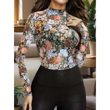 BemorRun Floral Mesh Long Sleeve Tops for Women Mock Neck See Through Fitted Sexy Going Out Top(Multi Floral,S)